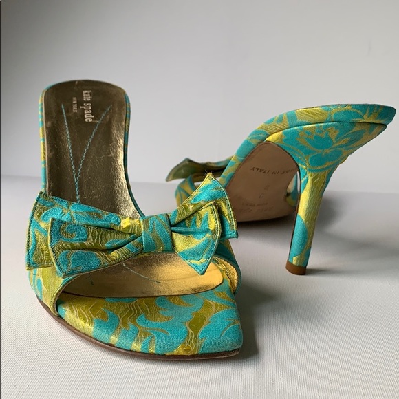 kate spade Shoes - Kate Spade Bow Heel Green Blue Brocade Sandals